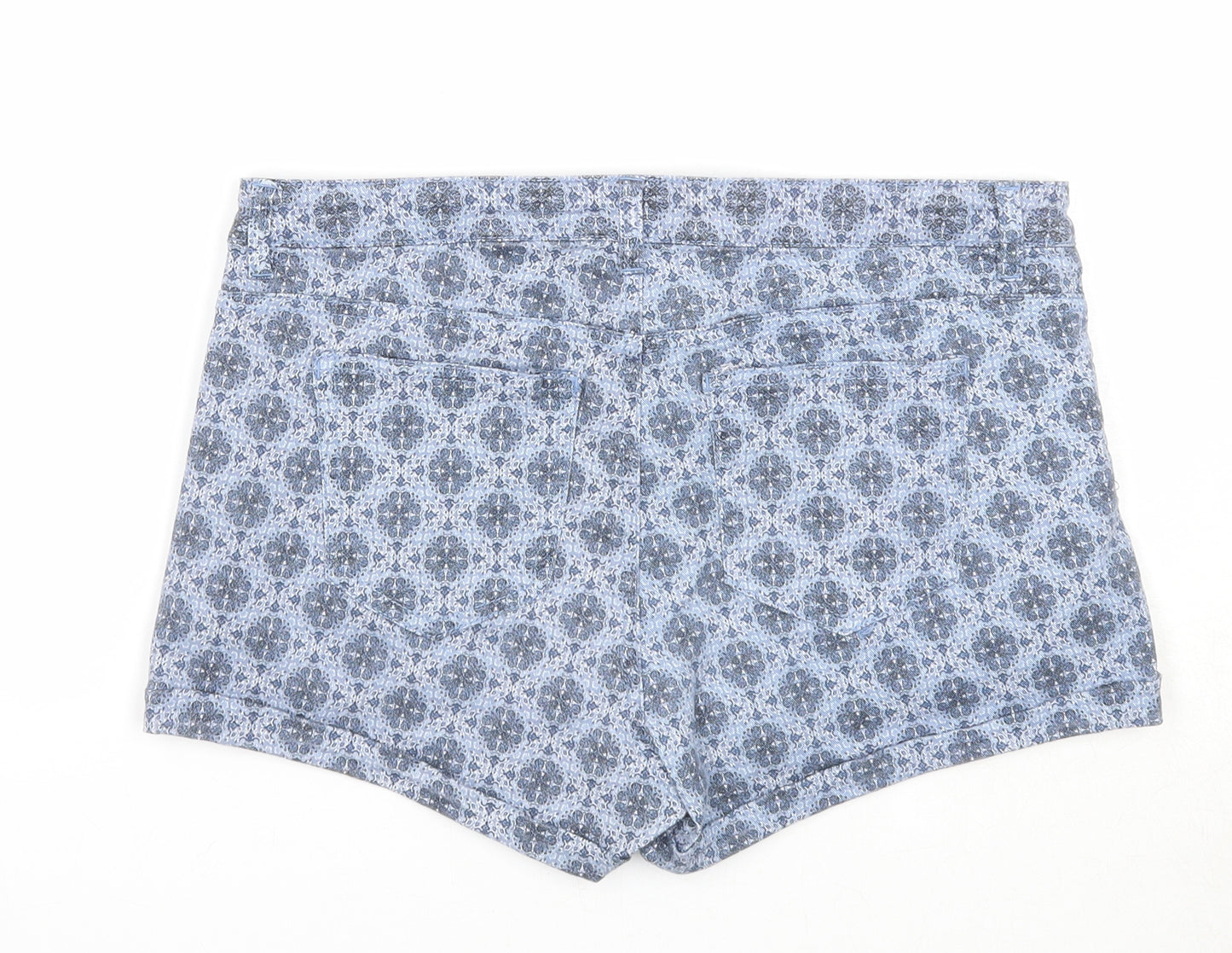 H&M Womens Blue Geometric Cotton Hot Pants Shorts Size 12 Regular Zip