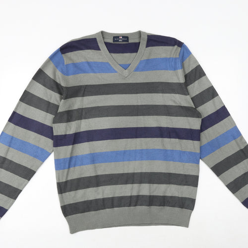 Marks and Spencer Mens Multicoloured V-Neck Striped Acrylic Pullover Jumper Size M Long Sleeve