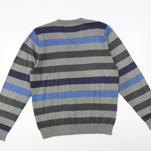 Marks and Spencer Mens Multicoloured V-Neck Striped Acrylic Pullover Jumper Size M Long Sleeve