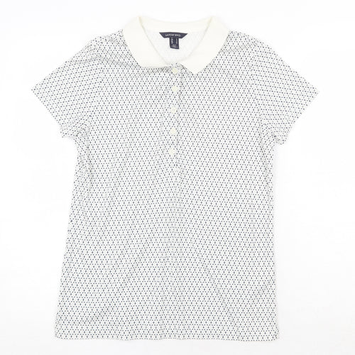 Lands' End Mens White Geometric Cotton Polo Size S Collared Button