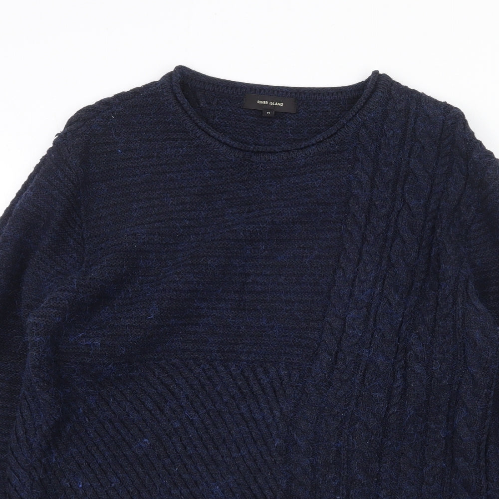 River Island Mens Blue Round Neck Acrylic Pullover Jumper Size M Long Sleeve