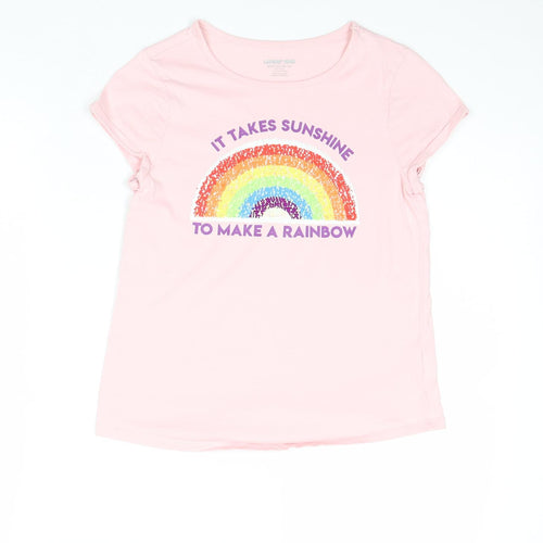 Lands' End Girls Pink Cotton Basic T-Shirt Size 11-12 Years Round Neck Pullover - It Takes Sunshine To Make A Rainbow