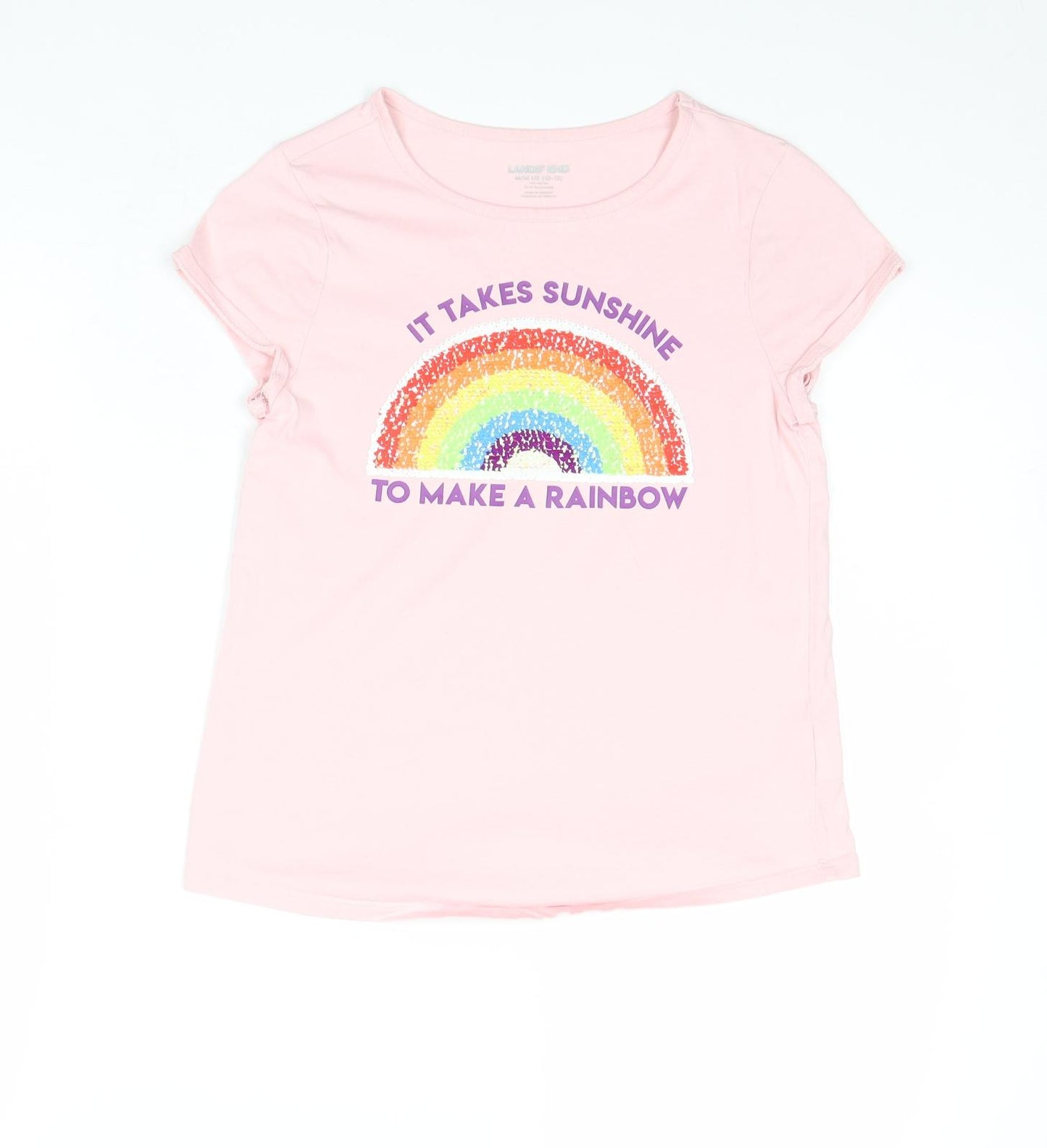 Lands' End Girls Pink Cotton Basic T-Shirt Size 11-12 Years Round Neck Pullover - It Takes Sunshine To Make A Rainbow