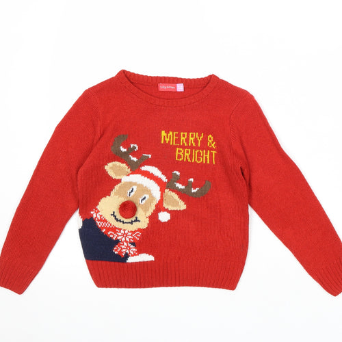 Lily & Dan Boys Red Round Neck Acrylic Pullover Jumper Size 5-6 Years Pullover - Christmas Reindeer