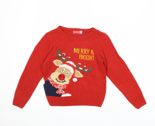 Lily & Dan Boys Red Round Neck Acrylic Pullover Jumper Size 5-6 Years Pullover - Christmas Reindeer