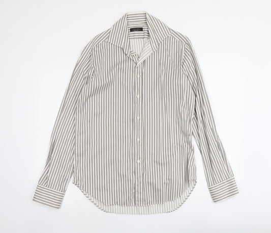 Zara Mens Beige Striped Cotton Button-Up Size L Collared Button