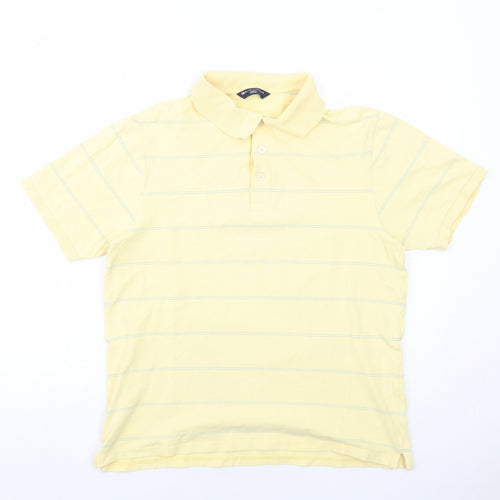 Marks and Spencer Mens Yellow Striped Cotton Polo Size M Collared Button