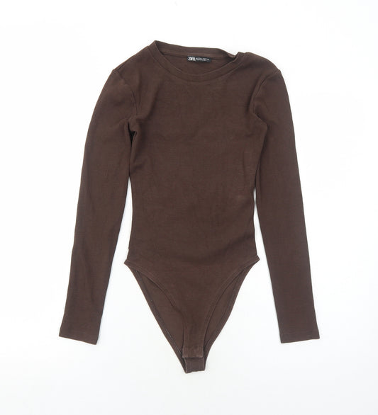Zara Womens Brown Cotton Bodysuit One-Piece Size S Snap