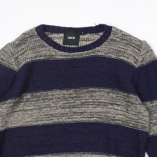 ASOS Mens Blue Round Neck Striped Acrylic Pullover Jumper Size S Long Sleeve