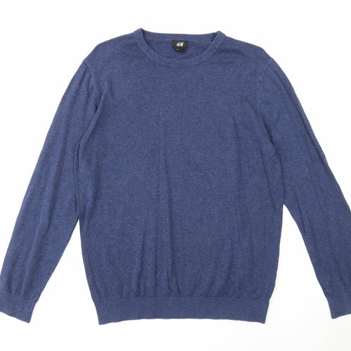 H&M Mens Blue Round Neck Cotton Pullover Jumper Size M Long Sleeve