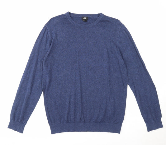 H&M Mens Blue Round Neck Cotton Pullover Jumper Size M Long Sleeve