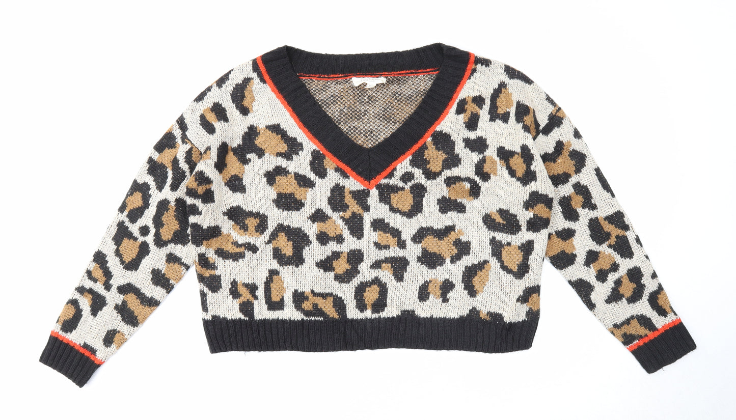Full Circle Womens Beige V-Neck Animal Print Acrylic Pullover Jumper Size XL - Leopard Pattern