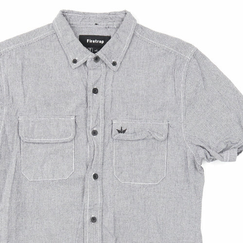 Firetrap Mens Grey Geometric Cotton Button-Up Size S Collared Button
