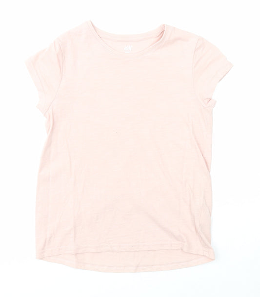 H&M Girls Beige Cotton Basic T-Shirt Size 7-8 Years Round Neck Pullover