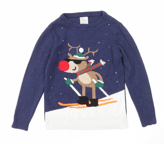 NEXT Boys Blue Round Neck Cotton Pullover Jumper Size 10 Years Pullover - Christmas Reindeer