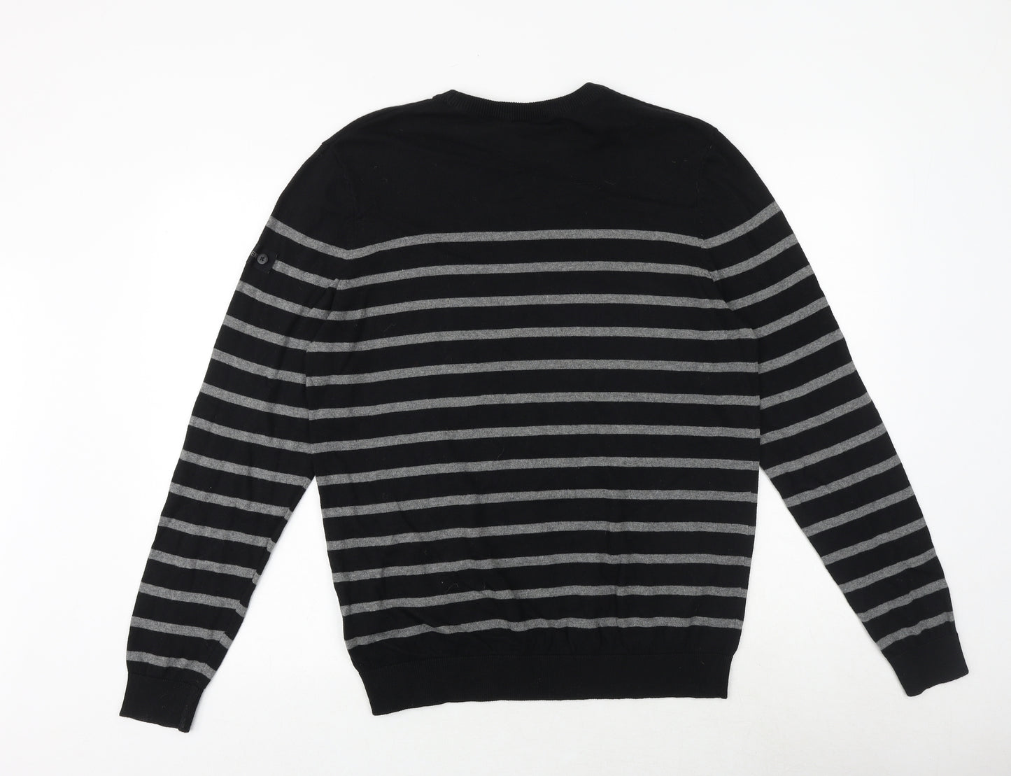 DNM Dissident Mens Black Round Neck Striped Cotton Pullover Jumper Size L Long Sleeve