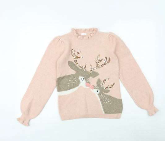 NEXT Girls Pink Mock Neck Acrylic Pullover Jumper Size 10 Years Pullover - Deer Print