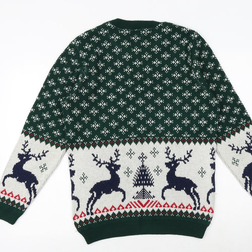 Topman Mens Green Round Neck Fair Isle Acrylic Pullover Jumper Size M Long Sleeve - Christmas Reindeer