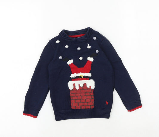 Joules Boys Blue Round Neck 100% Cotton Pullover Jumper Size 3 Years Pullover - Christmas Santa Chimney