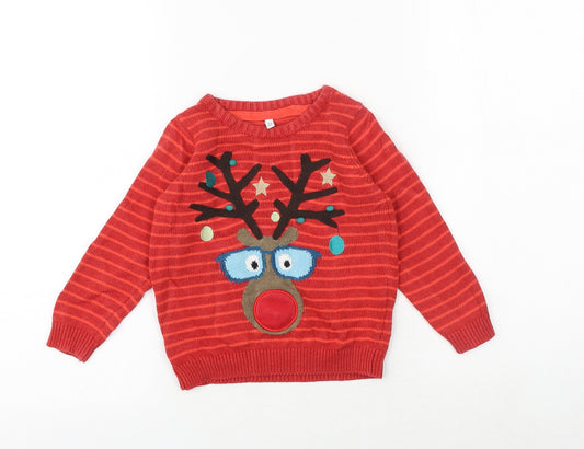 Marks and Spencer Boys Red Round Neck Striped 100% Cotton Pullover Jumper Size 2-3 Years Pullover - Christmas Reindeer