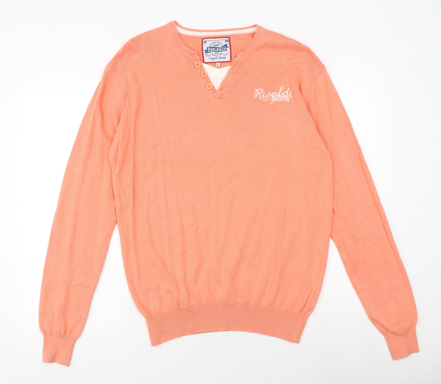 Rivaldi Mens Pink Round Neck Cotton Pullover Jumper Size XL Long Sleeve