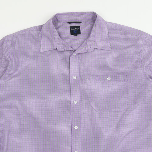 James Pringle Mens Purple Check Polyester Button-Up Size L Collared Button