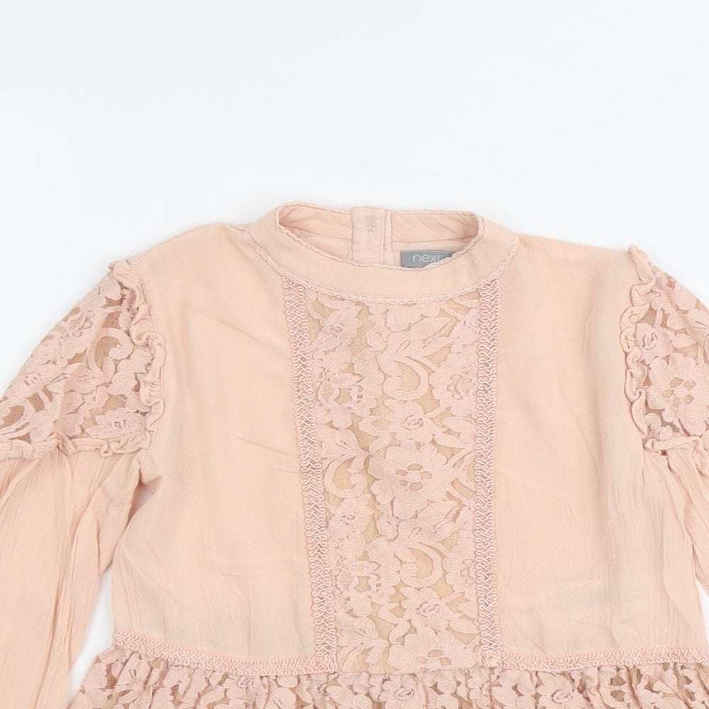 NEXT Girls Pink Cotton Basic Blouse Size 7 Years Round Neck Button - Lace Details