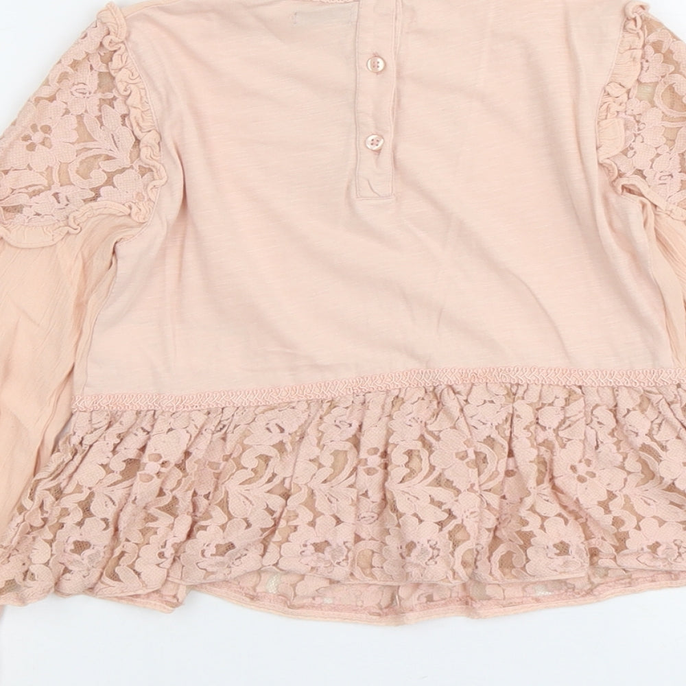 NEXT Girls Pink Cotton Basic Blouse Size 7 Years Round Neck Button - Lace Details