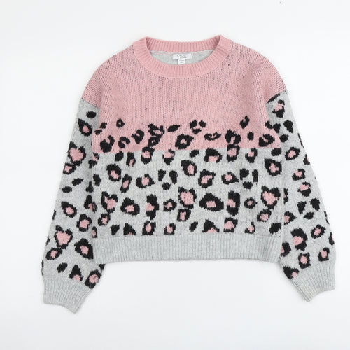 M&Co Girls Grey Round Neck Animal Print Acrylic Pullover Jumper Size 11 Years Pullover - Leopard Print