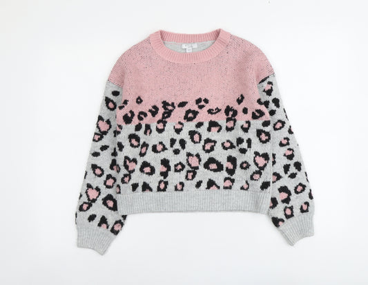 M&Co Girls Grey Round Neck Animal Print Acrylic Pullover Jumper Size 11 Years Pullover - Leopard Print