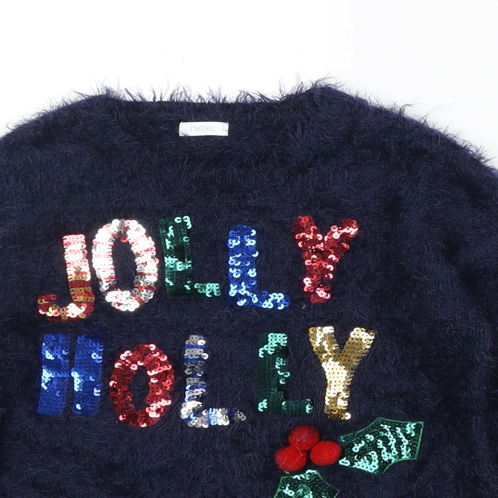 NEXT Girls Blue Round Neck Acrylic Pullover Jumper Size 8 Years Pullover - Jolly Holly
