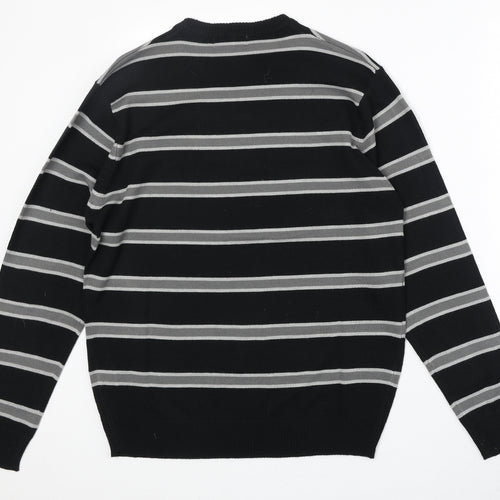 Pierre Cardin Mens Black Round Neck Striped Acrylic Pullover Jumper Size S Long Sleeve