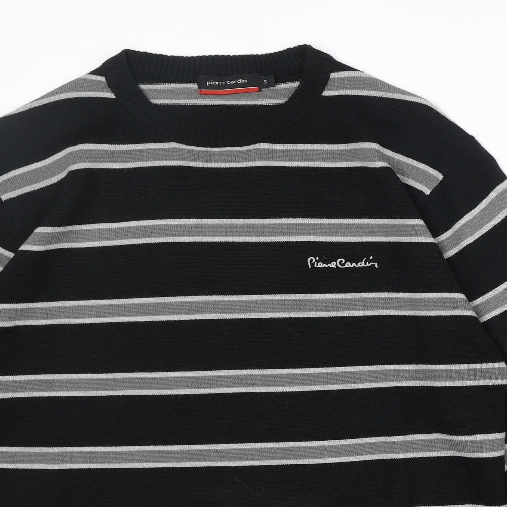 Pierre Cardin Mens Black Round Neck Striped Acrylic Pullover Jumper Size S Long Sleeve