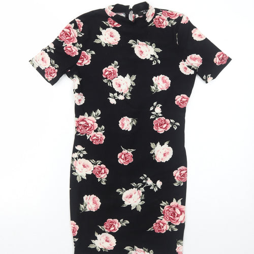 New Look Girls Black Floral Polyester T-Shirt Dress Size 9 Years Mock Neck Button