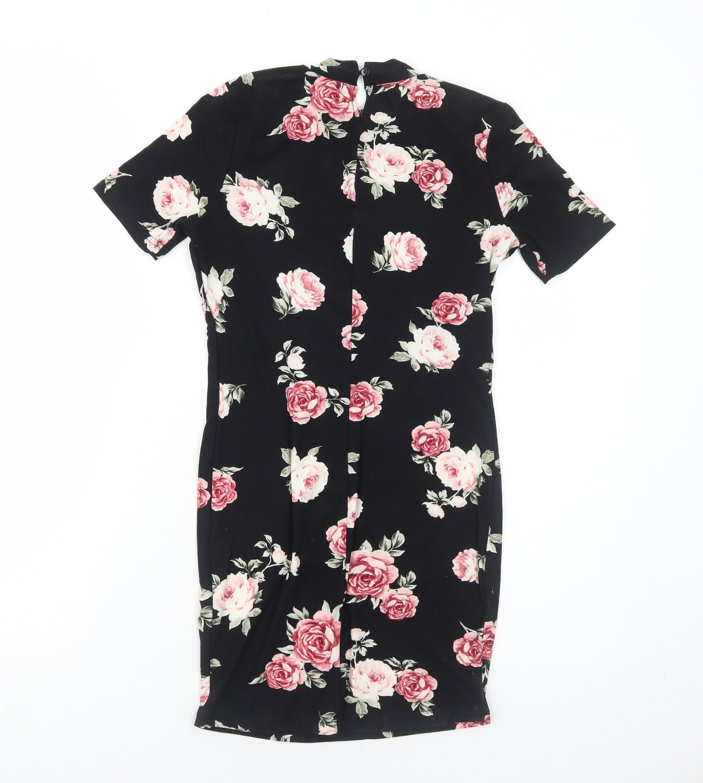 New Look Girls Black Floral Polyester T-Shirt Dress Size 9 Years Mock Neck Button