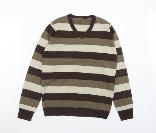 Marks and Spencer Boys Brown V-Neck Striped Acrylic Pullover Jumper Size 13-14 Years Pullover