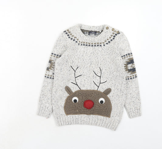 NEXT Boys Grey Round Neck Cotton Pullover Jumper Size 6-7 Years Button - Reindeer Christmas