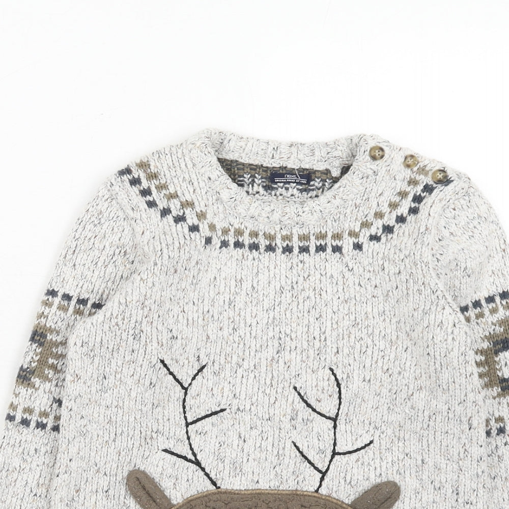 NEXT Boys Grey Round Neck Cotton Pullover Jumper Size 6-7 Years Button - Reindeer Christmas