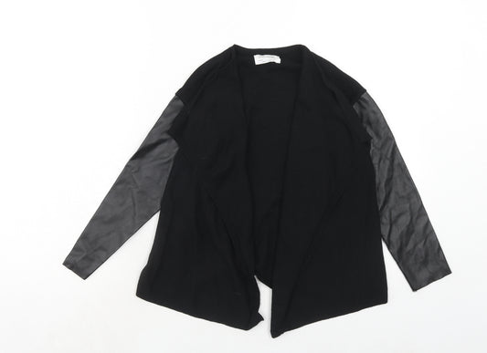 Zara Girls Black V-Neck Acrylic Cardigan Jumper Size 8 Years Pullover - Faux Leather Sleeves
