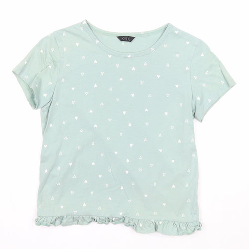 M&Co Girls Green Geometric Cotton Basic T-Shirt Size 13 Years Round Neck Pullover - Heart Pattern