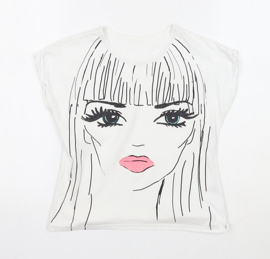 Dunnes Stores Girls White Cotton Basic T-Shirt Size 9-10 Years Round Neck Pullover - Face Print