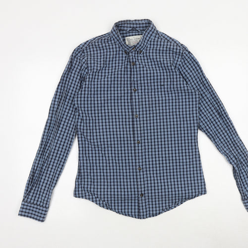 Debenhams Mens Blue Plaid Cotton Button-Up Size S Collared Button