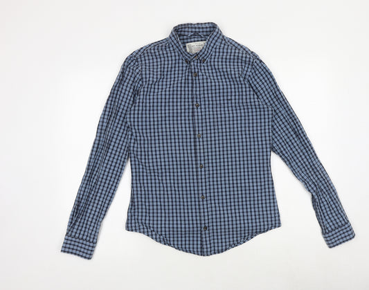 Debenhams Mens Blue Plaid Cotton Button-Up Size S Collared Button