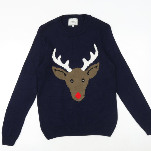Topman Mens Blue Round Neck Acrylic Pullover Jumper Size XS Long Sleeve - Christmas Rudolph