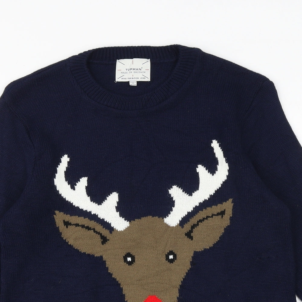 Topman Mens Blue Round Neck Acrylic Pullover Jumper Size XS Long Sleeve - Christmas Rudolph