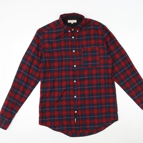 River Island Mens Red Plaid Cotton Button-Up Size S Collared Button