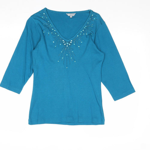 Mia Moda Womens Blue Cotton Basic Blouse Size 8 V-Neck