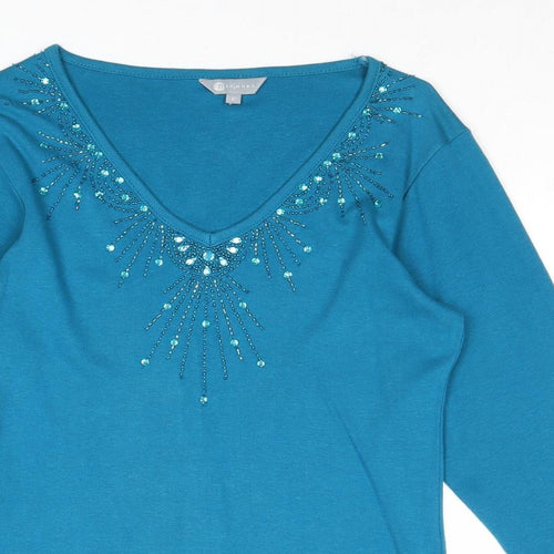 Mia Moda Womens Blue Cotton Basic Blouse Size 8 V-Neck