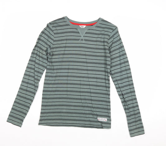 M&Co Boys Green Striped Cotton Basic T-Shirt Size 13-14 Years Round Neck Pullover