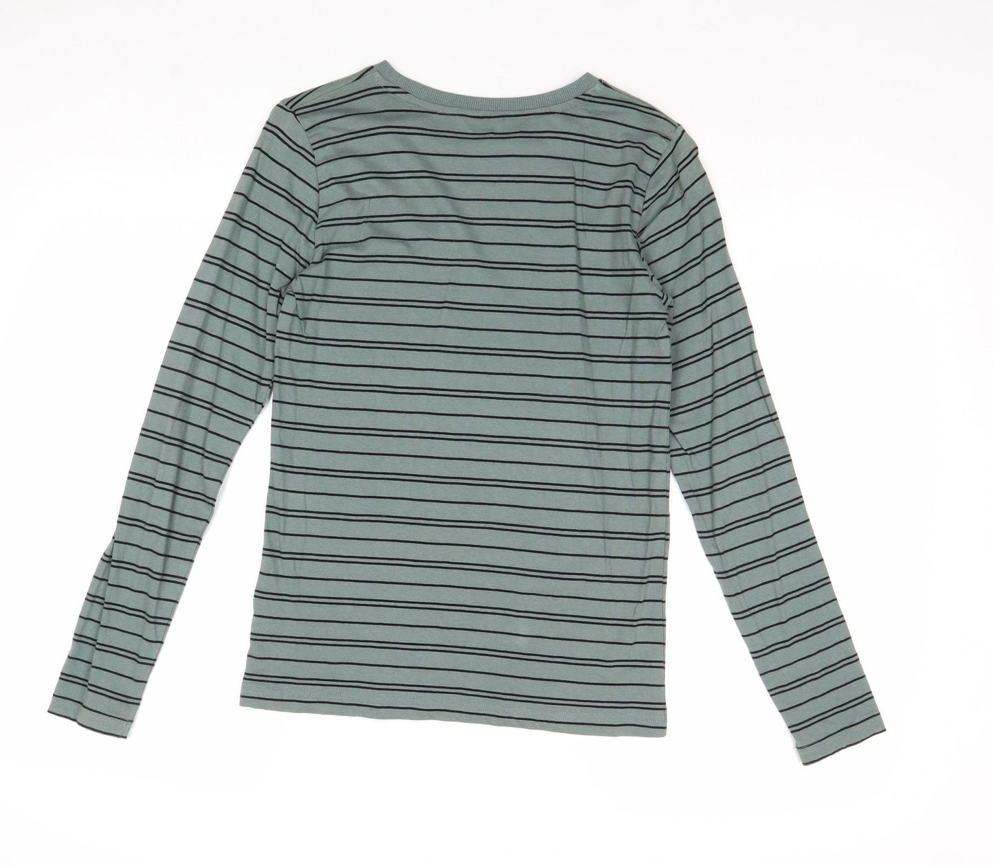 M&Co Boys Green Striped Cotton Basic T-Shirt Size 13-14 Years Round Neck Pullover